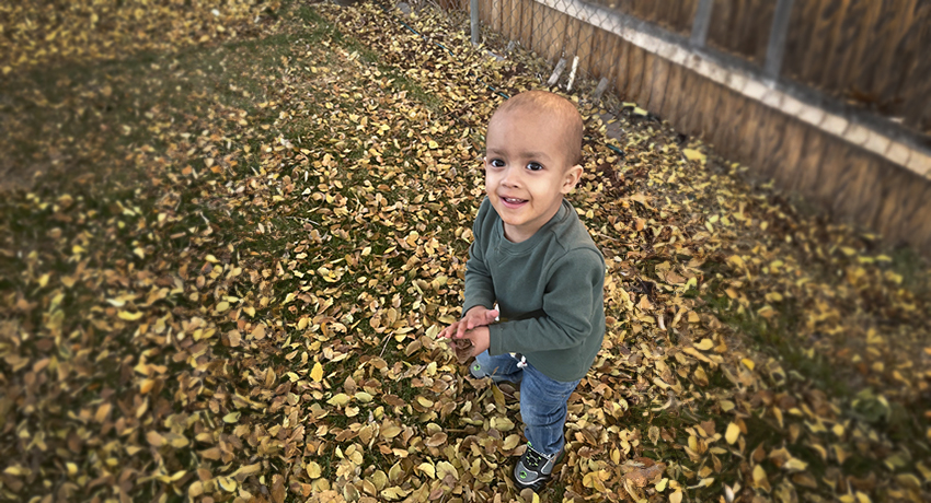 Ignacio Rubio, a rare pediatric cancer survivor, playing with the fall leaves in his back yard.