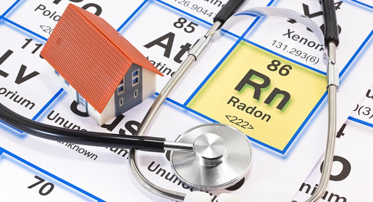The element Radon highlighted on a periodic table